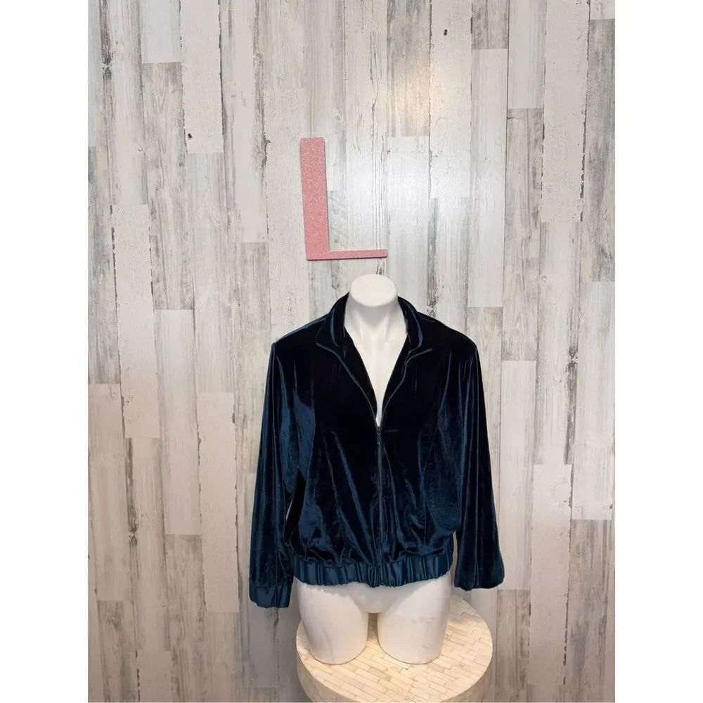 Coldwater Creek Green Velour Long Sleeve Zip-Up Sweater Jacket Women's Size PL